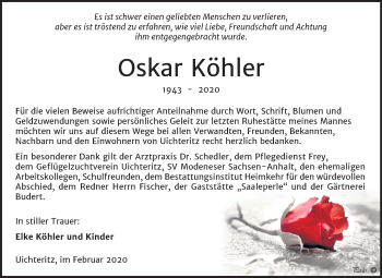 Traueranzeige von Oskar Köhler von Mitteldeutsche Zeitung Weißenfels