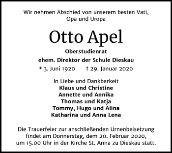 Traueranzeige von Otto Apel von Mitteldeutsche Zeitung Halle/Saalkreis