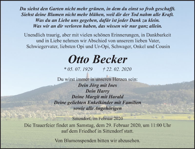  Traueranzeige für Otto Becker vom 26.02.2020 aus Mitteldeutsche Zeitung Sangerhausen