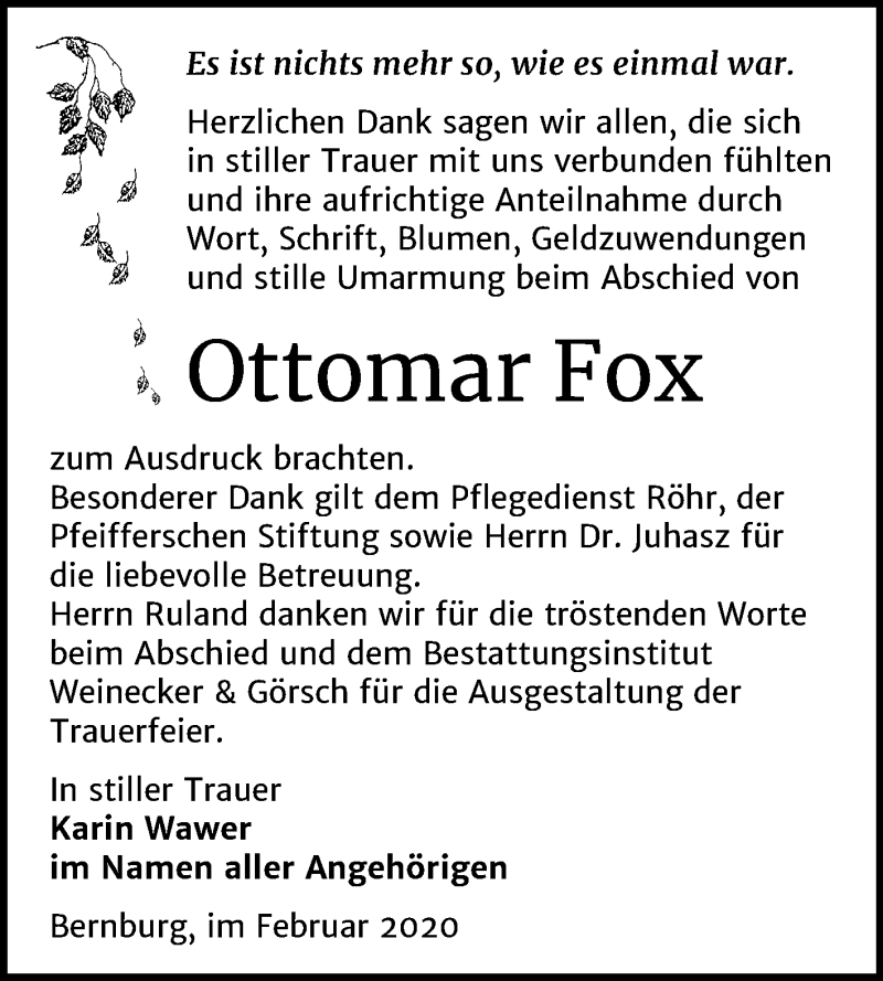  Traueranzeige für Ottomar Fox vom 15.02.2020 aus Mitteldeutsche Zeitung Bernburg