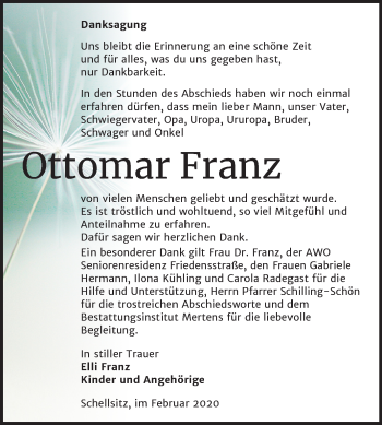 Traueranzeige von Ottomar Franz von Wochenspiegel Naumburg/Nebra