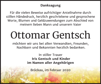 Traueranzeige von Ottomar Gentsch von Super Sonntag Zeitz