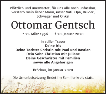 Traueranzeige von Ottomar Gentsch von Mitteldeutsche Zeitung Zeitz