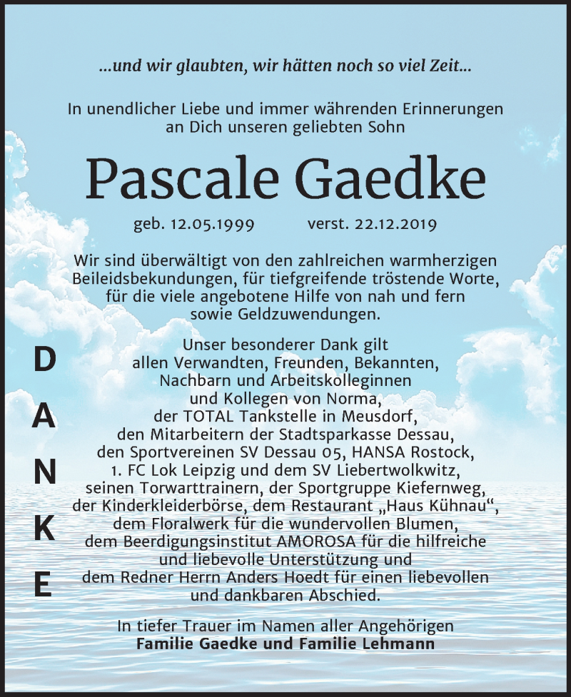  Traueranzeige für Pascale Gaedke vom 01.02.2020 aus Super Sonntag Dessau-Roßlau