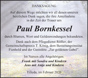 Traueranzeige von Paul Bornkessel von Super Sonntag Sangerhausen