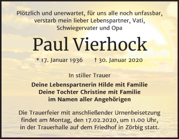 Traueranzeige von Paul Vierhock von Wochenspiegel Bitterfeld