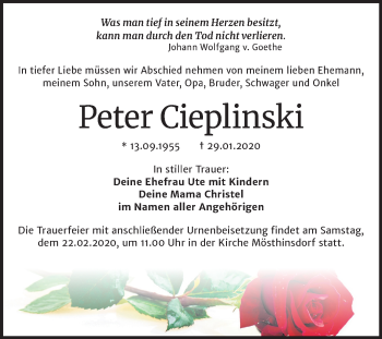 Traueranzeige von Peter Cieplinski von Mitteldeutsche Zeitung Halle/Saalkreis