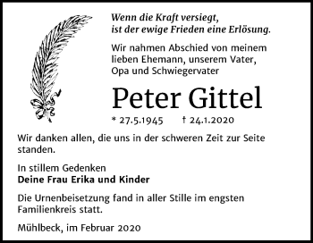 Traueranzeige von Peter Gittel von Wochenspiegel Bitterfeld