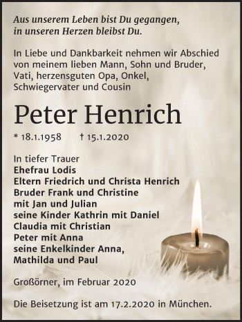 Traueranzeige von Peter Henrich von Mitteldeutsche Zeitung Mansfelder Land