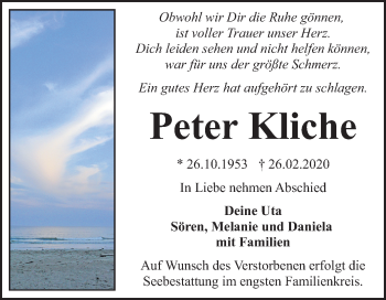 Traueranzeige von Peter Kliche von Mitteldeutsche Zeitung Bitterfeld