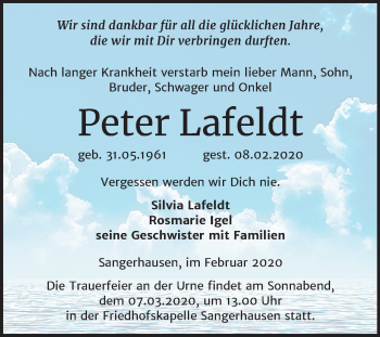 Traueranzeige von Peter Lafeldt von Mitteldeutsche Zeitung Sangerhausen