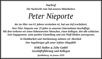 Traueranzeige von Peter Nieporte von Super Sonntag Quedlinburg