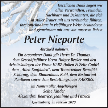 Traueranzeige von Peter Nieporte von Super Sonntag Quedlinburg