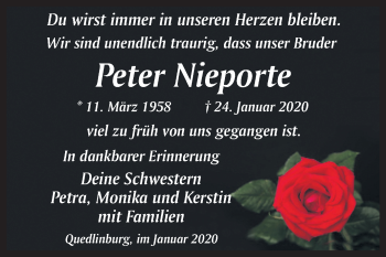 Traueranzeige von Peter Nieporte von Wochenspiegel Quedlinburg