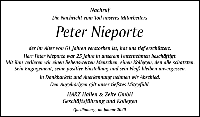  Traueranzeige für Peter Nieporte vom 01.02.2020 aus Super Sonntag Quedlinburg