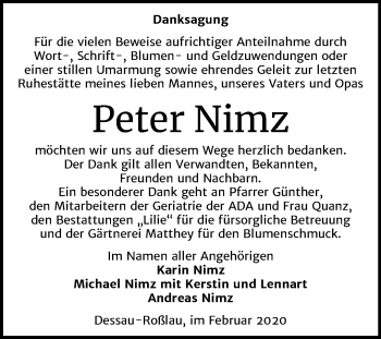 Traueranzeige von Peter Nimz von Mitteldeutsche Zeitung Dessau-Roßlau