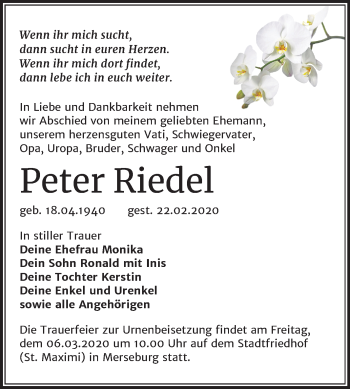 Traueranzeige von Peter Riedel von Super Sonntag Merseburg/Querfurt