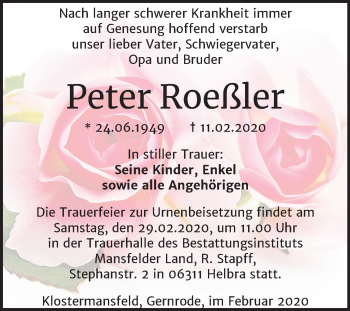 Traueranzeige von Peter Roeßler von Mitteldeutsche Zeitung Quedlinburg