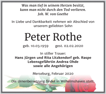 Traueranzeige von Peter Rothe von Super Sonntag Merseburg/Querfurt