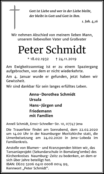 Traueranzeige von Peter Schmidt von Mitteldeutsche Zeitung Naumburg/Nebra
