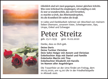 Traueranzeige von Peter Streitz von Super Sonntag Sangerhausen