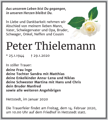 Traueranzeige von Peter Thielemann von Wochenspiegel Mansfelder Land