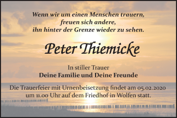 Traueranzeige von Peter Thiemicke von Mitteldeutsche Zeitung Bitterfeld