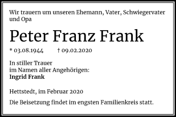 Traueranzeige von Peter Franz Frank von Wochenspiegel Mansfelder Land