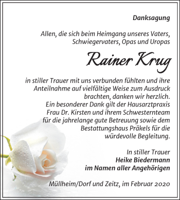 Traueranzeige von Rainer Krug von Super Sonntag Zeitz