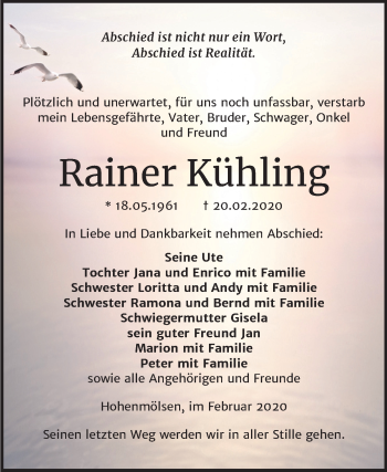 Traueranzeige von Rainer Kühling von Mitteldeutsche Zeitung Weißenfels