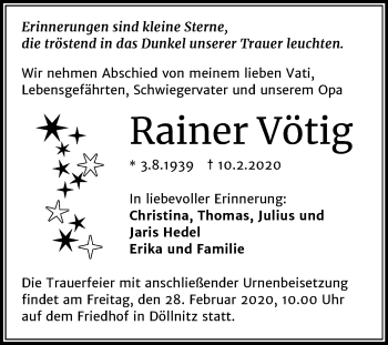 Traueranzeige von Rainer Vötig von Mitteldeutsche Zeitung Halle/Saalkreis