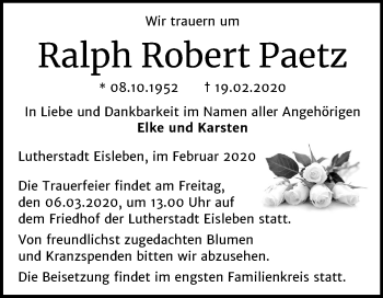 Traueranzeige von Ralph Robert Paetz von Super Sonntag Mansfelder Land