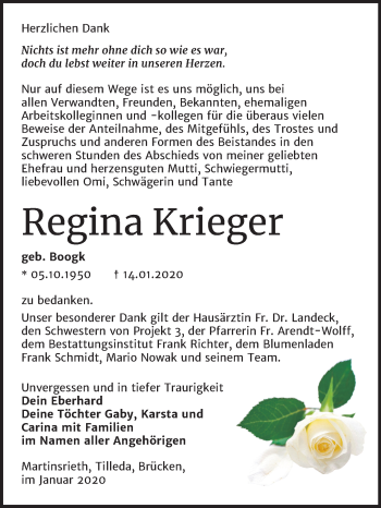 Traueranzeige von Regina Krieger von Super Sonntag Sangerhausen