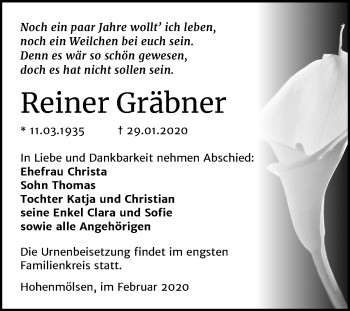 Traueranzeige von Reiner Gräbner von Mitteldeutsche Zeitung Weißenfels