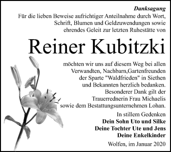 Traueranzeige von Reiner Kubitzki von Mitteldeutsche Zeitung Bitterfeld