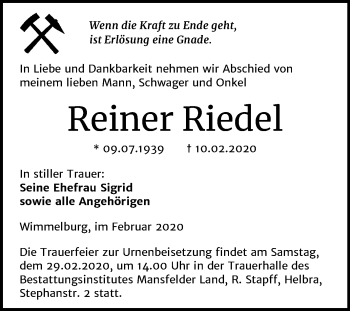 Traueranzeige von Reiner Riedel von Mitteldeutsche Zeitung Mansfelder Land