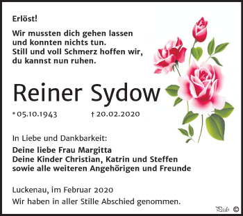 Traueranzeige von Reiner Sydow von Super Sonntag Zeitz