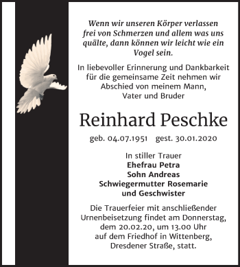 Traueranzeige von Reinhard Peschke von Mitteldeutsche Zeitung Wittenberg
