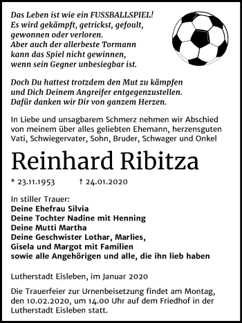 Traueranzeige von Reinhard Ribitza von Mitteldeutsche Zeitung Mansfelder Land