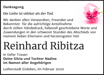 Traueranzeige von Reinhard Ribitza von Mitteldeutsche Zeitung Mansfelder Land