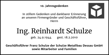 Traueranzeige von Reinhardt Schulze von Wochenspiegel Dessau-Roßlau