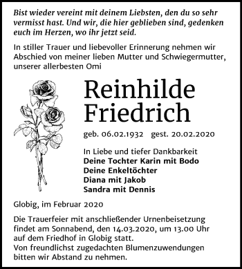 Traueranzeige von Reinhilde Friedrich von Mitteldeutsche Zeitung Wittenberg