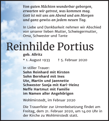 Traueranzeige von Reinhilde Portius von Wochenspiegel Naumburg/Nebra