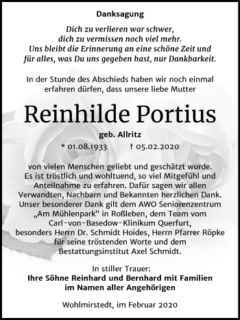 Traueranzeige von Reinhilde Portius von Wochenspiegel Naumburg/Nebra