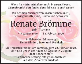 Traueranzeige von Renate Brömme von Mitteldeutsche Zeitung Halle/Saalkreis