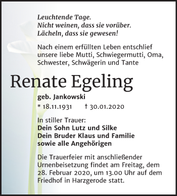 Traueranzeige von Renate Egeling von Mitteldeutsche Zeitung Quedlinburg