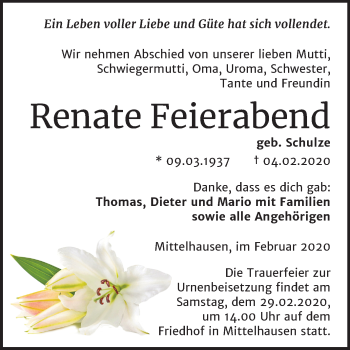 Traueranzeige von Renate Feierabend von Super Sonntag Sangerhausen