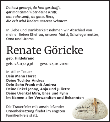 Traueranzeige von Renate Göricke von Mitteldeutsche Zeitung Wittenberg