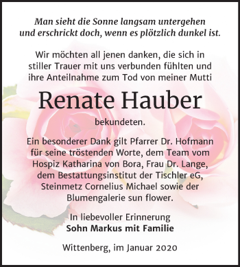 Traueranzeige von Renate Hauher von Super Sonntag Wittenberg