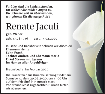 Traueranzeige von Renate Jaculi von Mitteldeutsche Zeitung Merseburg/Querfurt
